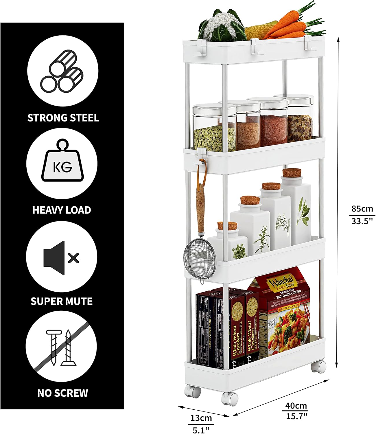 4 MELDEVO Tier Slim Storage Cart Mobile Shelving Unit Organizer Slide Out Storage Rolling Utility Cart Tower Rack