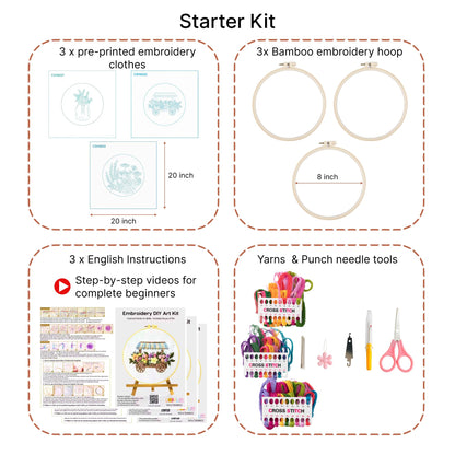 Looples Embroidery Kit for Beginners and Adults with Video Tutorials – DIY Starter Kit with 3 Stamped Floral Patterns, Hoops, Threads, Needles, and Instructions - Cart, Glass Jar, and Flowers