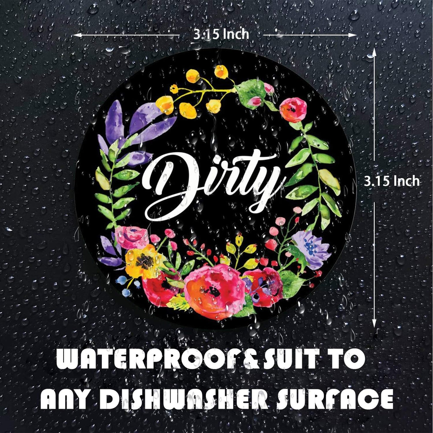 Dishwasher Magnet Clean Dirty Sign Indicator, Double Sided Kitchen Magnet with Magnetic Plate, Reversible Flower Wreath