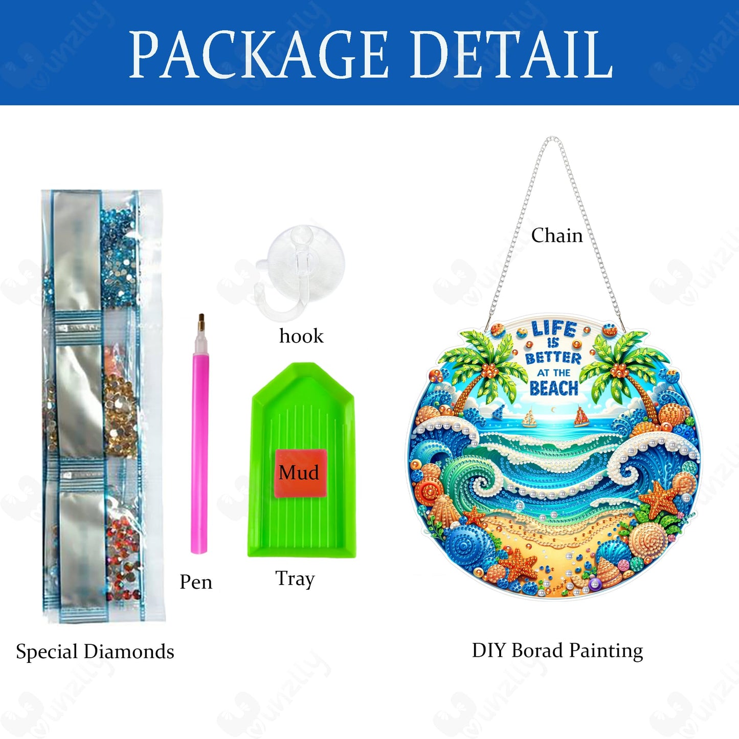 Yunzlly DIY Hanging Diamond Art Pendant Kit, Special Crystal Double Sided Diamonds Painting Ornament Kit for Adults, Acrylic Gem Painting Board for Window&Door&Wall (Beach)