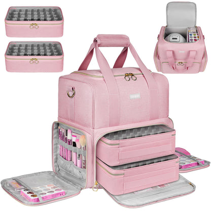Nail Polish Organizer Holds 80 Bottles and a Nail Lamp,Nail Polish Carrying Case with 2 Removable Bags,Nail Organizers and Storage for Nail Tech,Portable Nail Polish Holder for Nail Supplies,Pink
