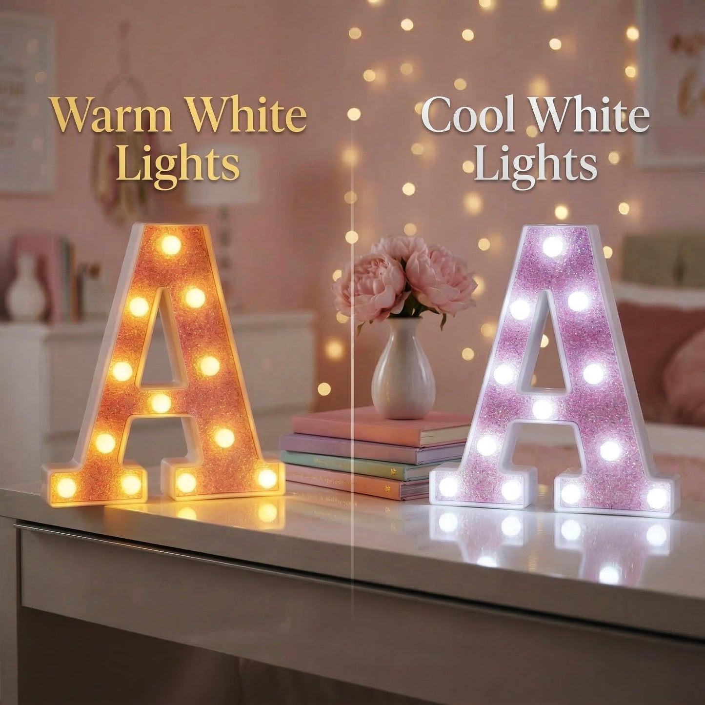 EUFONY Pink Glitter Marquee Light Up Letters, Battery Operated LED Letter Lights Signs for Pink Birthday Party Table Decorations, Wall Decor for Girls Bedroom, Initial Letter O with Cool White Lights