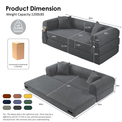 80” Convertible Sofa Bed, Cloud Boneless Couch Floor Sleeper Bed with Pillows, Corduroy Compression Sofa in Box, No Assembly Modular Lounge Couch for Living Room, Smog Gray
