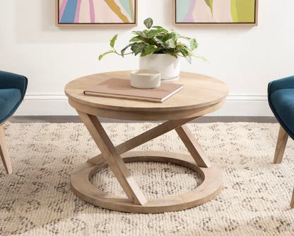 Kate and Laurel Aja Bohemian Round Mango Wood Coffee Table, 26 inch Diameter, Light Natural, Decorative Geometric Modern Coffee Table for Hosting, Storage, and Living Room Decor