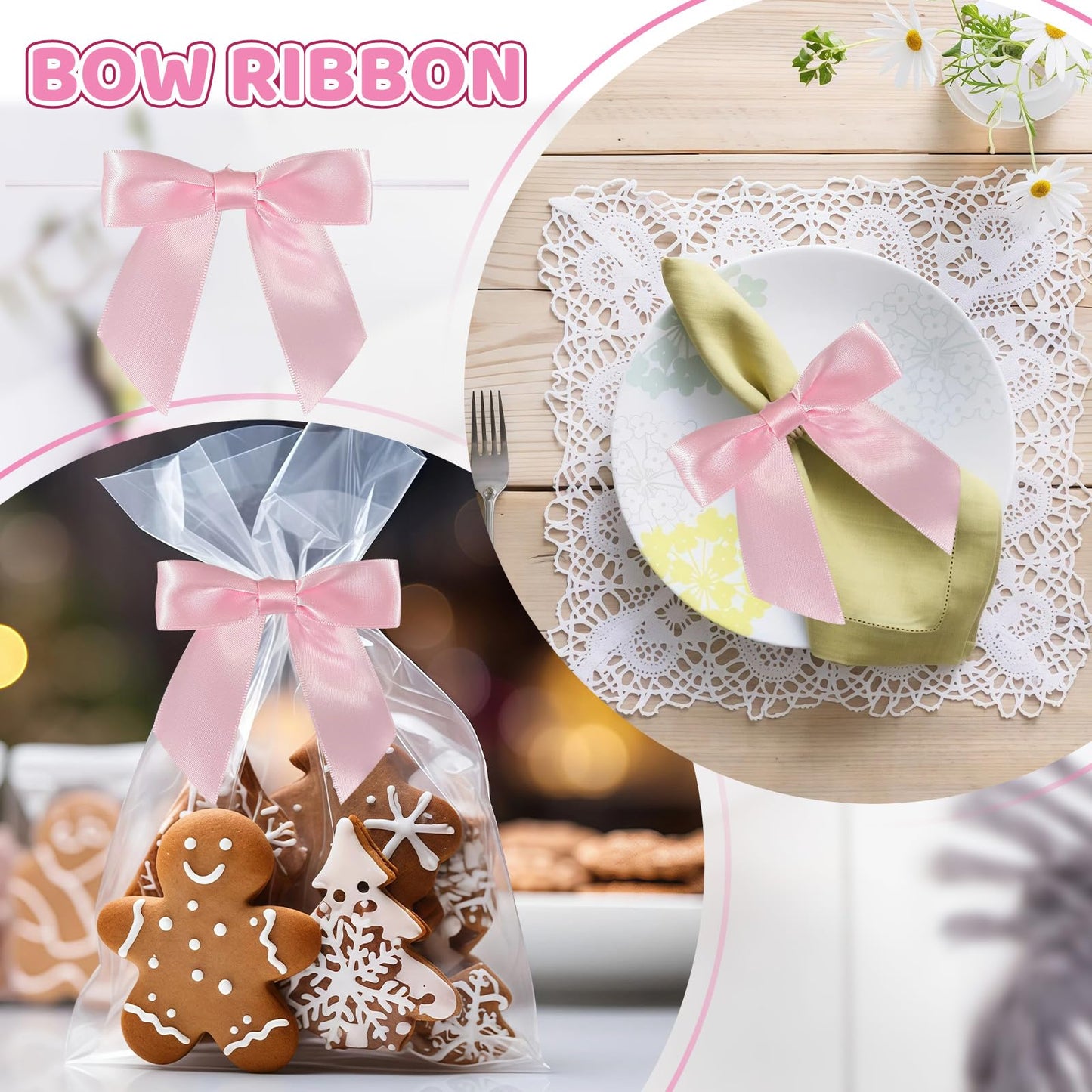 50 Counts 3.5Inch Premade Bows with Adhesive Dots, Self-Adhesive Satin Ribbon Bows for Handmade DIY,New Year,Valentine's Day,Wrapping Boxes, Wedding Party,SouvenirDecor (Pink)