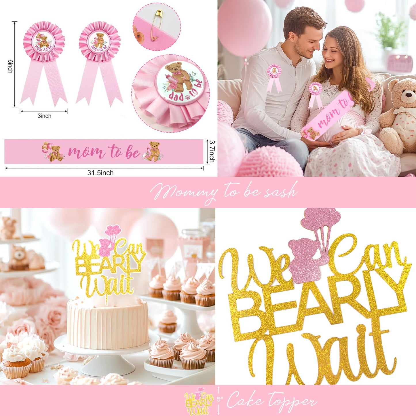 Hombae We can Bearly wait Baby Shower Decoration – 116 PCs Baby Girls Teddy Bear Party Supplies with Teddy Bear Printed Backdrop, Balloon Garland, Tablecloth, Balloon Boxes, Sash, Badges