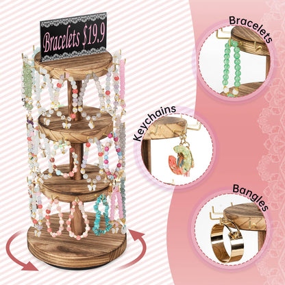 Pinzoveco Bracelet Holder, 3 Tier Wooden Rotating Bracelet Display Stand, Tree Stand Vendor Booth Display with Adversitsing Board, 36 Hooks for Bracelet, KeyChain Display Stands for Selling, Brown (Patent Pending)