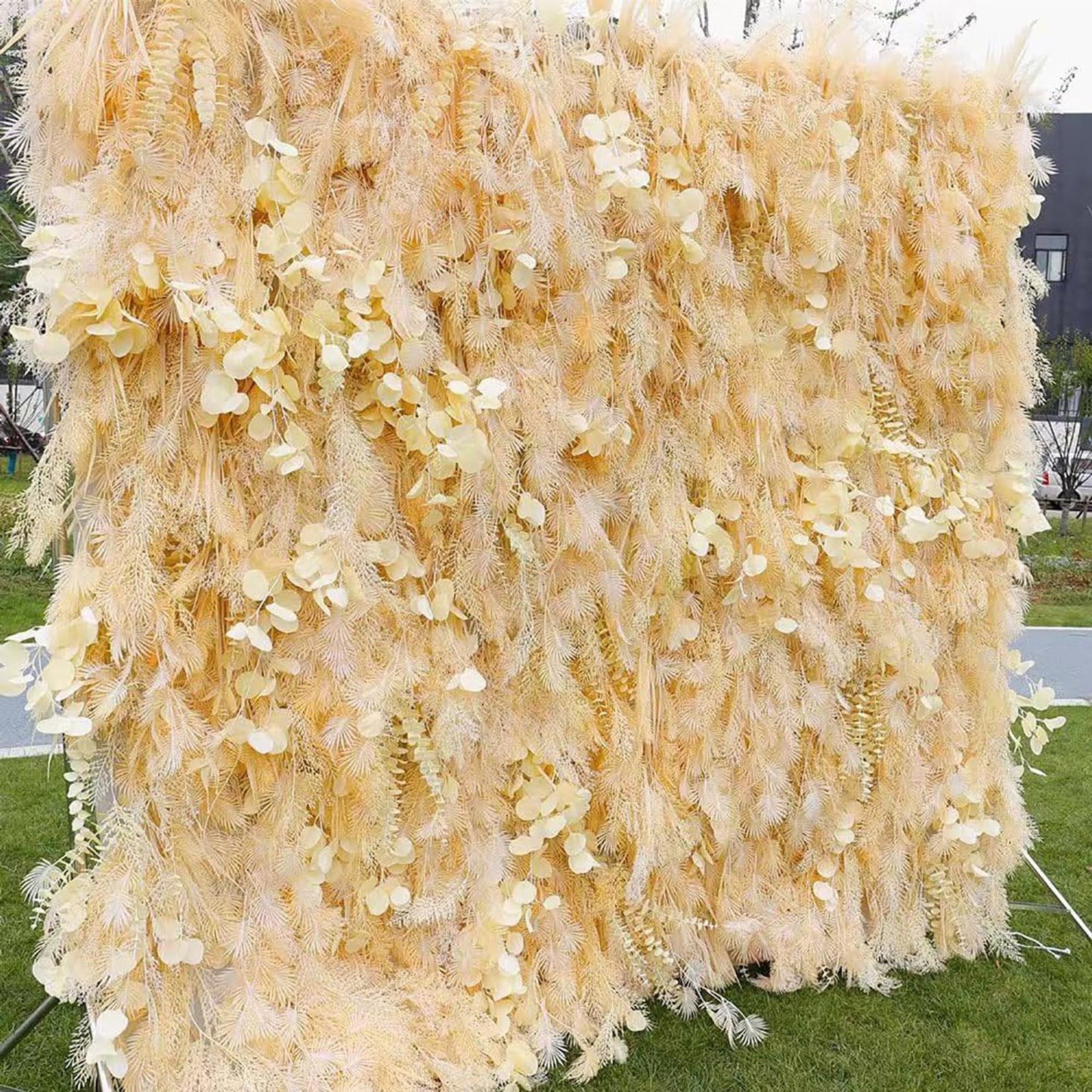 JIIPOREGJ Artificial Flower Wall Decor Beige Rime Artificial Flower Wall Mat Silk Rime Floral Panel for Photo Background Home Party Wedding Backdrop Decoration,1M