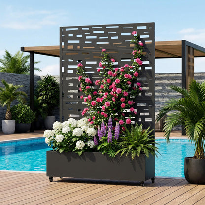 Wooakway 72" H Raised Garden Bed with Trellis and Wheels, Metal Privacy Screen Outdoor Planter Box for Patio, Backyard & Balcony, Large Capacity Mobile Vertical Planter for Climbing Plants, Black