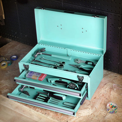 Amazon Basics Metal Tool Box with Drawers, Storage and Organization Tool Chest, Powder Coat Finish, 18.1 x 8.7 x 9.5 in, Turquoise