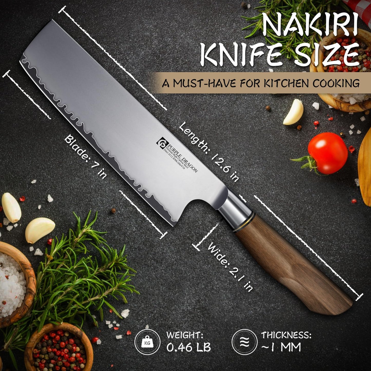 Purple Dragon Santoku Knife 7 Inch Japanese Chef Knife for Chopping Meat Cutting Vegetables, German Vg10 Steel Blade, Ergonomic Wooden Handle Christmas Gift for Men and Women