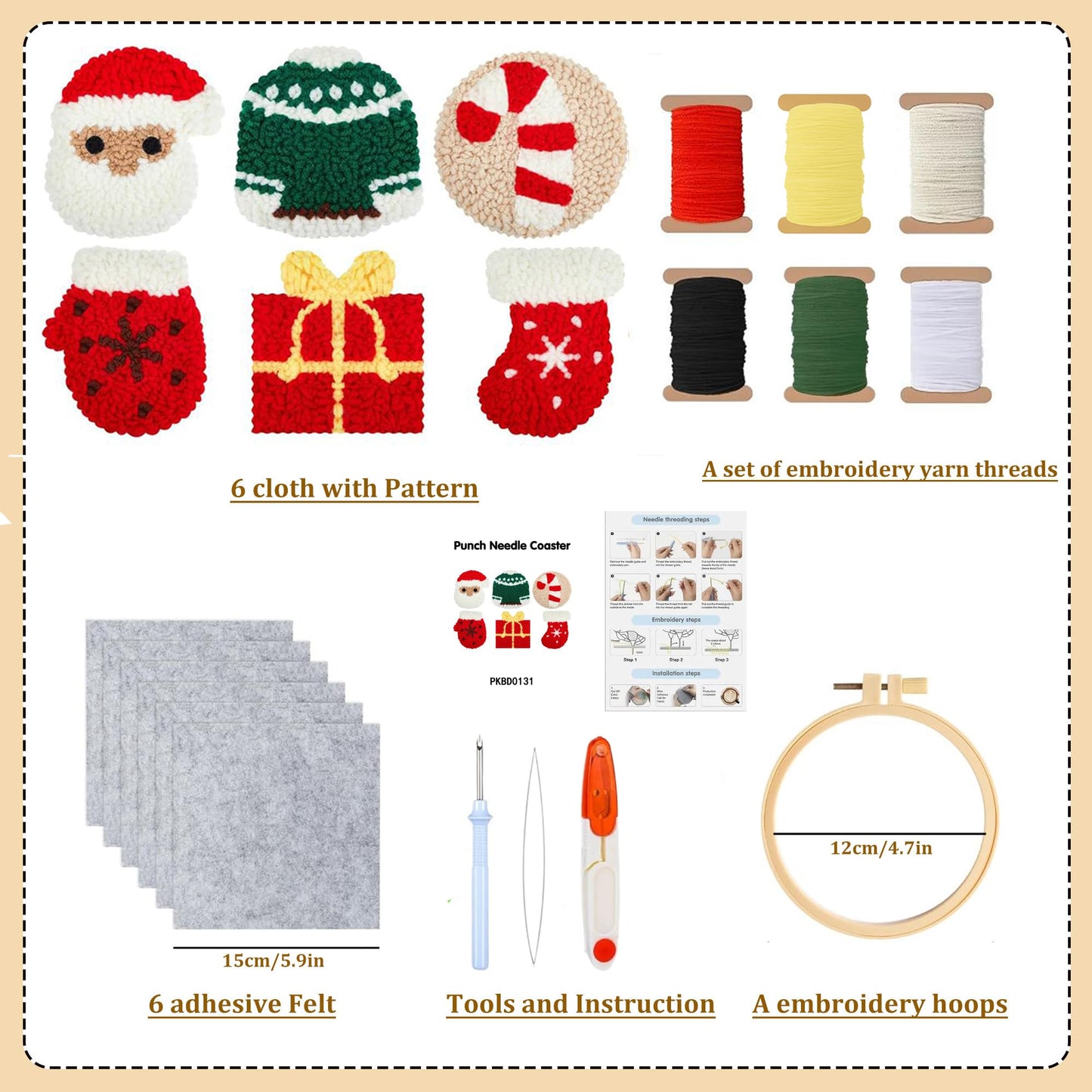 yesJRL Punch Needle Coasters Kit, Set of 6 Starter Needle Embroidery DIY Set for Beginners Adults, Easy Coasters Kit with Adhesive Felt, Yarns, Embroidery Hoop (Red Christmas)