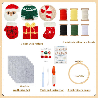 yesJRL Punch Needle Coasters Kit, Set of 6 Starter Needle Embroidery DIY Set for Beginners Adults, Easy Coasters Kit with Adhesive Felt, Yarns, Embroidery Hoop (Red Christmas)