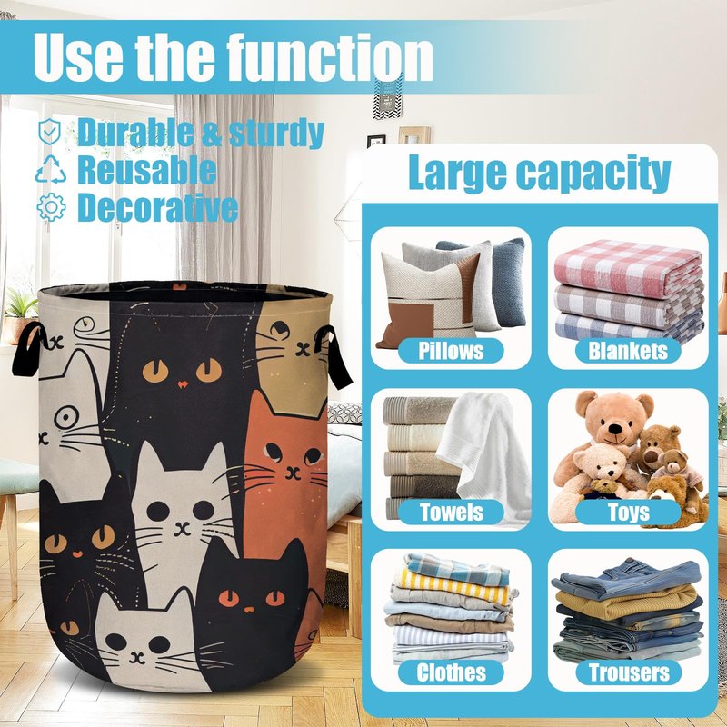 Watercolor Funny Cat Laundry Basket, Laundry Hamper Collapsible Oxford Cloth with Handle Clothes Storage Bin for Bathroom Laundry Room Bedroom 15.7 X 20 Inch