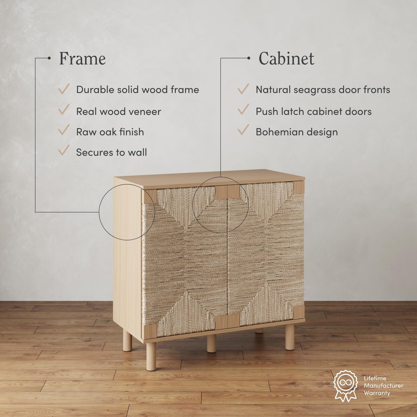 Nathan James Beacon Boho TV Stand, Free Standing Kitchen Cabinet Storage with Adjustable Interior Shelf and Seagrass Accent, Seagrass/Raw Oak, Set of 2
