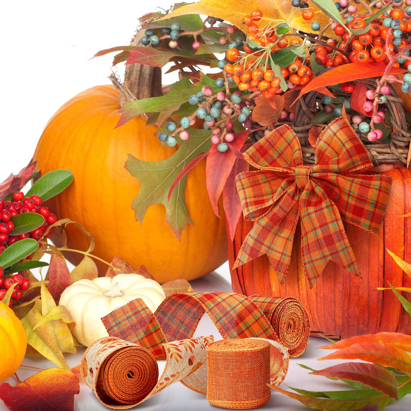Riceshoot 3 Rolls Thanksgiving Pumpkin Wired Ribbons 2.5 Inch x 30 Yards Fall Pumpkin Buffalo Plaid Ribbon Autumn Harvest Crafts for Wreaths Bow Making Supplies Gifts Wrapping Decoration