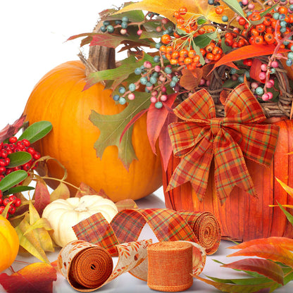 Riceshoot 3 Rolls Thanksgiving Pumpkin Wired Ribbons 2.5 Inch x 30 Yards Fall Pumpkin Buffalo Plaid Ribbon Autumn Harvest Crafts for Wreaths Bow Making Supplies Gifts Wrapping Decoration