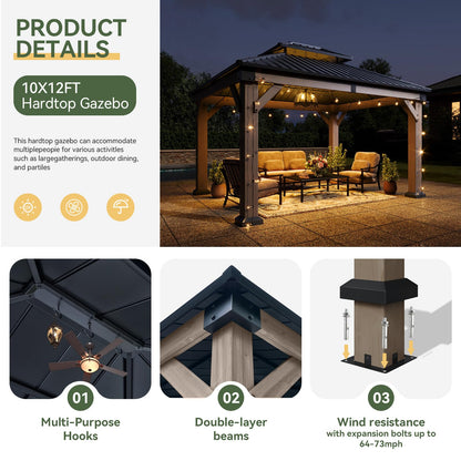 Aoxun 10' x 12' Outdoor Wood Gazebo, Hardtop Gazebo with Galvanized Steel Double Roof, Permanent Wooden Pavilion with Ceiling Fan, for Patio, Garden, Deck, Cedar Wood, Grey