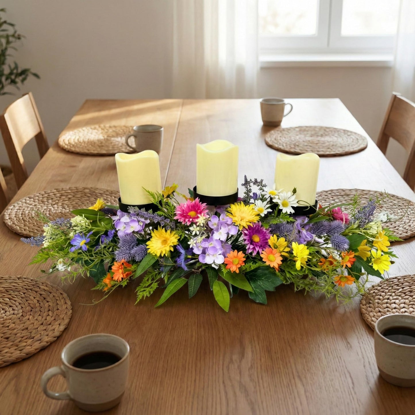 Lnymura 26 Inch Spring Summer Centerpiece with 3 Candle Holders Floral Table Centerpiece with Daisies and Wildflowers for Dining Table Mantel Wall and Farmhouse Table Decoration