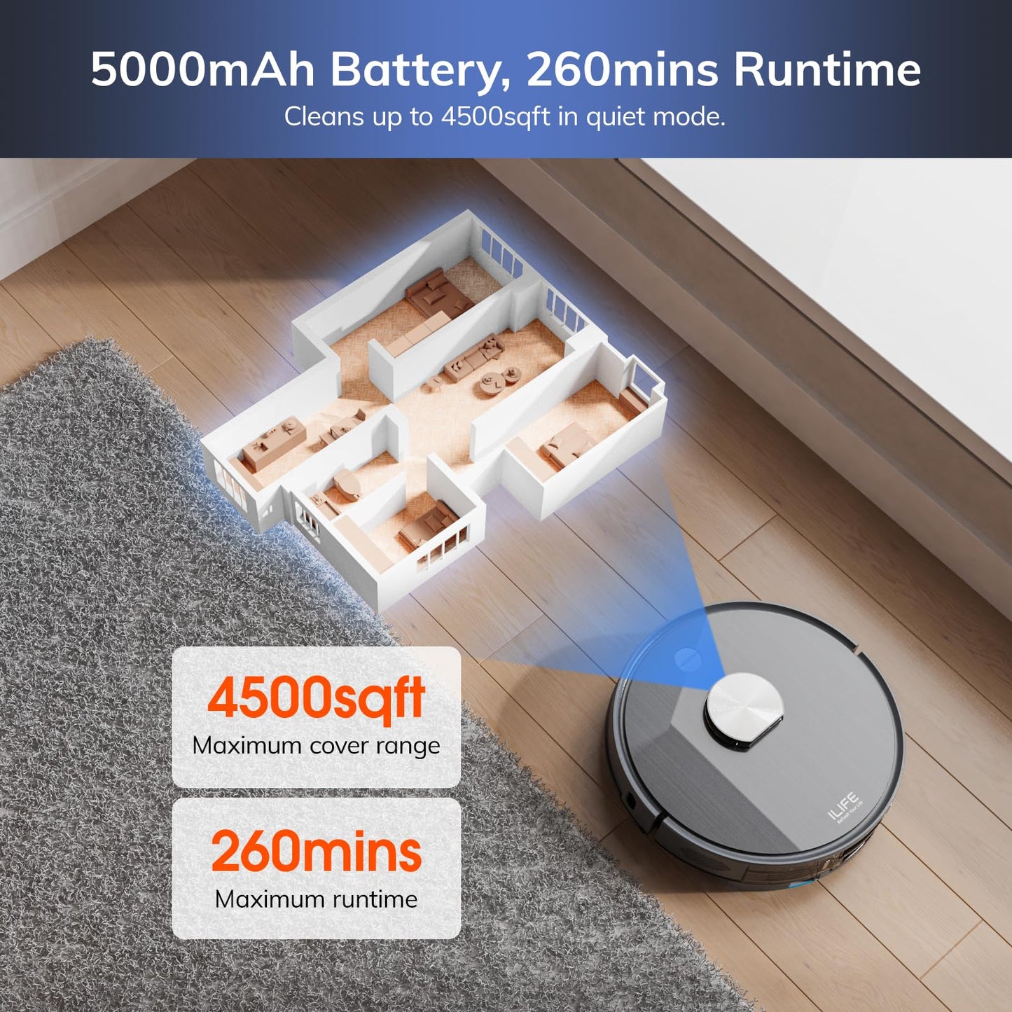 ILIFE A30 Pro Robot Vacuum and Mop, Self Emptying Station for 60 Days, 5000Pa Suction, LiDAR Navigation, No-Go Zones, 2.4G WiFi/App/Alexa/Remote Control, Roller Brush for Carpet, Hard Floors, 110V