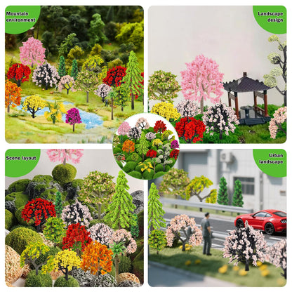 QUOZUO 42Pcs Model Miniature Trees with Moss Stones, Model Train Scenery, Mixed Model Colourful Trees for Building Model, Natural Green Landscape, Railroad Scenery