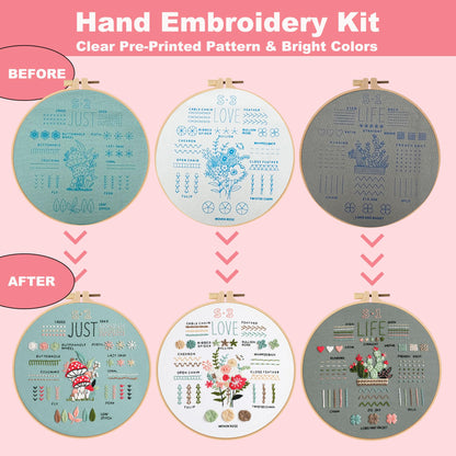 3 Sets Embroidery Starter Kit for Beginners Adults and Kids, Hand Embroidery Kits with Stamped Patterns, Floral Embroidery Stitches Kit DIY Craft Includes Hoop, Threads, Cloth, Storage Bag