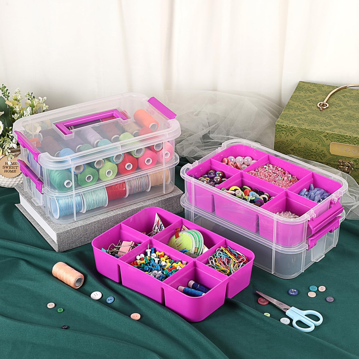 JUXYES 4-Tiers Stack Carry Storage Box With 2 Divided Tray, Transparent Stackable Storage Bin With Handle Lid Latching Storage Container for School & Office Supplies, Purple