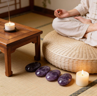 UFEEL Amethyst Palm Stone Crystal Natural Chakra Therapy Polished Healing Crystal Oval Pocket Gemstone for Anxiety Stress Relief
