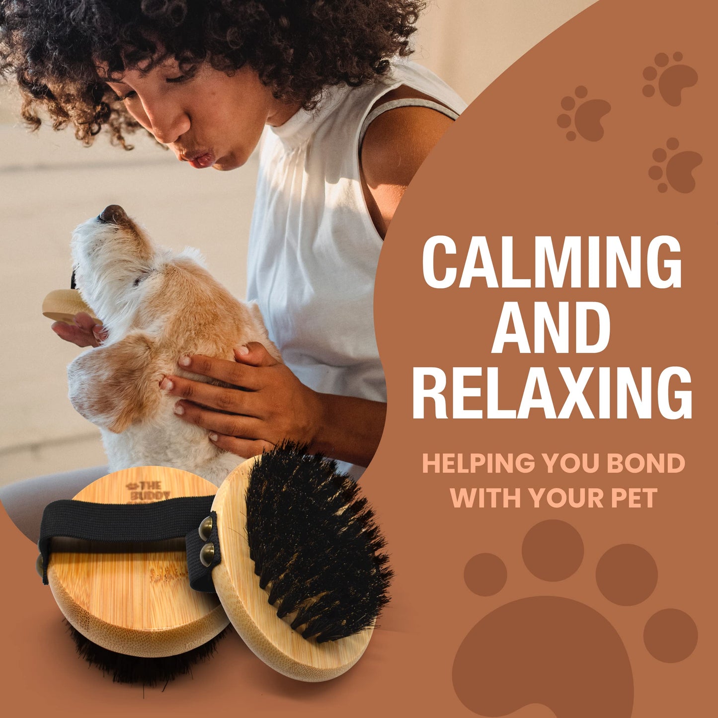 The Buddy System Pet Close Brush, Soft Touch Oval Palm Brush - Bamboo Massage Handheld with Soft Boar Bristles and Elastic Band for Dogs and Cats
