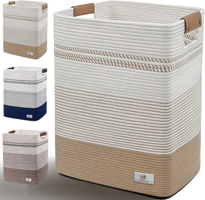 Skiennix Large Laundry Hamper - 85L Cotton Rope Woven Storage Bin with Leather Handles | Versatile for Blankets, Toys, and More