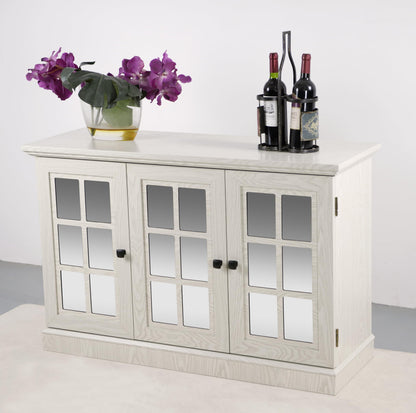 GDFStudio 45" Modern Buffet Sideboard Cabinet, Storage Cabinet with 3 Acrylic Mirrored Doors & Adjustable Shelves, Freestanding Credenza Buffet for Dining Room, Accent Cabinet Coffee Bar, White