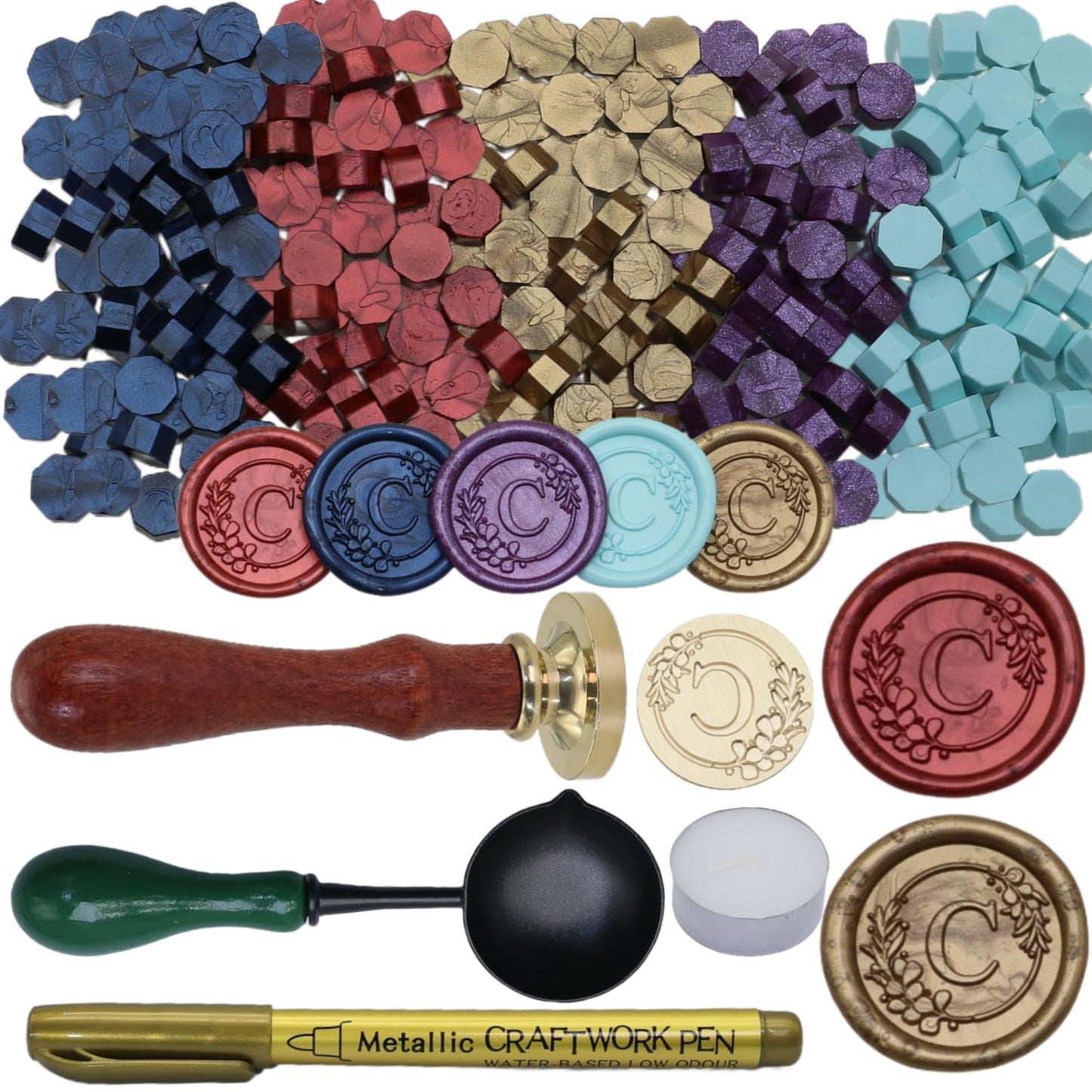 Initial Alphabet C Wax Seal Stamp Set, Retro Letter Sealing Stamp with 150Pcs Sealing Wax Beads in 5 Color, Melt Non Stick Spoon Pen Kit for Wedding and Christmas (C)