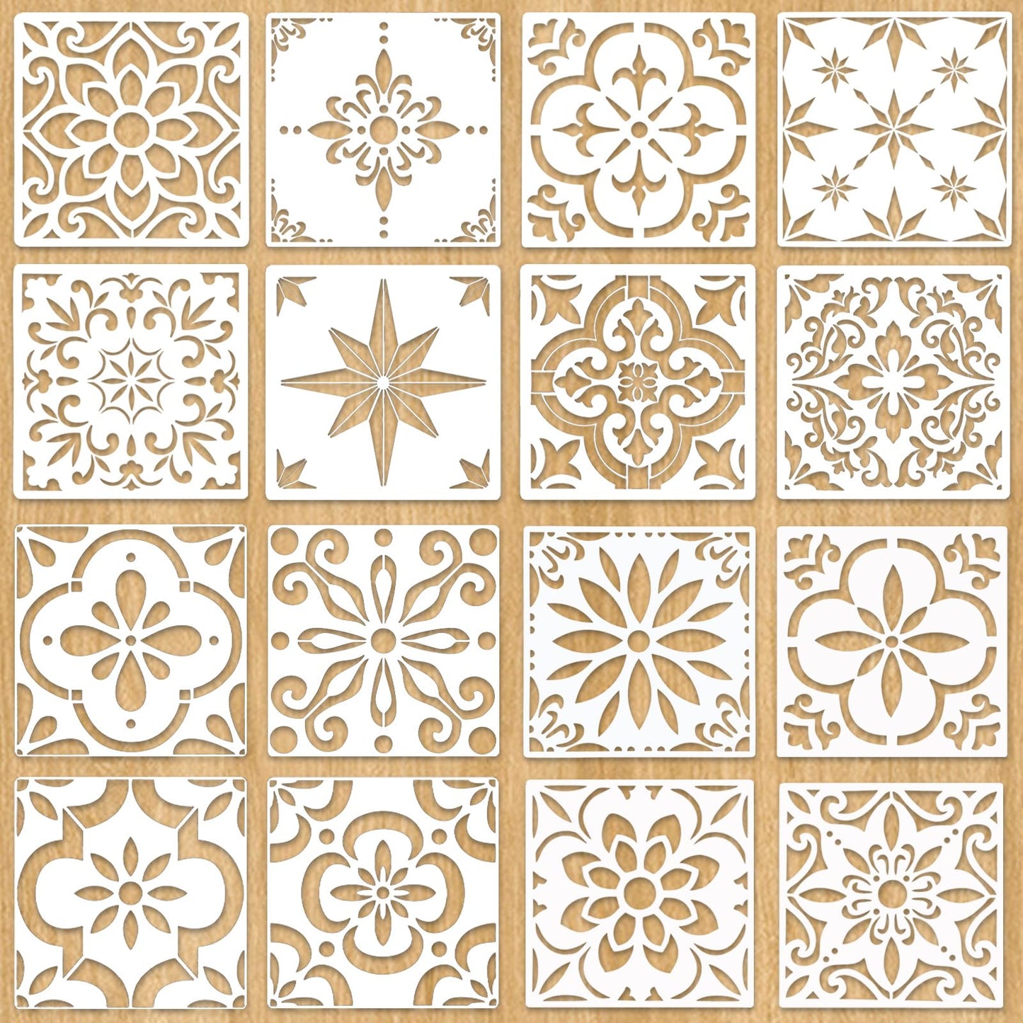 16PCS Floor Tile Stencils Set - 8 x 8 Inch Reusable Mexican Talavera & Spanish & Mandala Stencils for Painting on Floors, Tile, Concrete Patio, Wall, Furniture, Vase, Porch