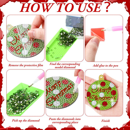 Cunno 18 Pcs Christmas Diamond Art Ornaments Lime Green and Red 5D Diamond Painting Kits Tree Decorations DIY Keychain Double Side Art Christmas Ornaments Xmas Hanging for Tree Adults Family Craft
