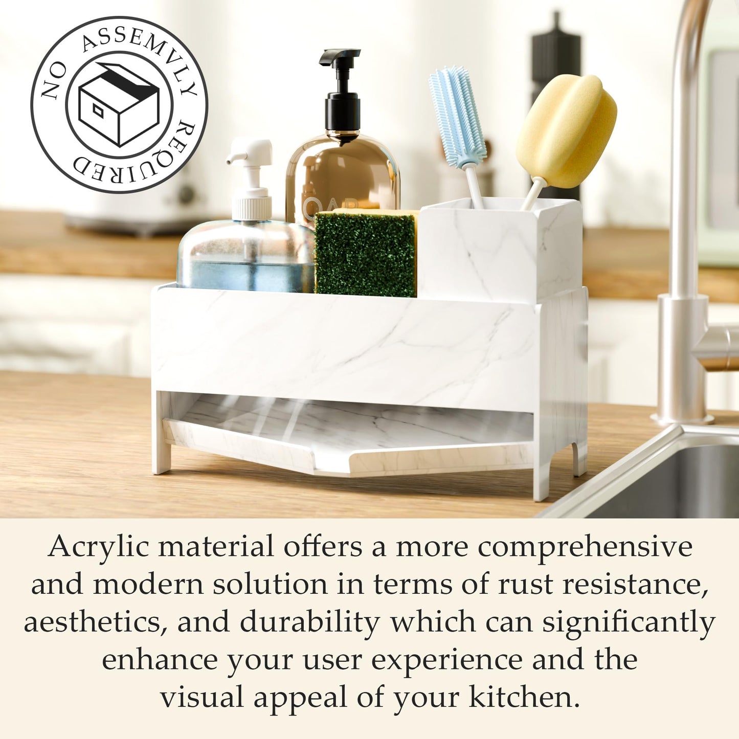 TIDIIABODE Sponge Holder for Kitchen Sink, Acrylic Sink Caddy Organizer with Removable Brush Holder, Countertop Soap Dispenser Organizer with Marble Texture, Kitchen Organizers Storage, White