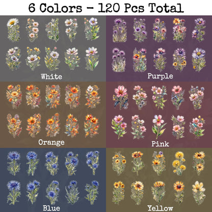 Knaid 120 Pieces Watercolor Flower Stickers Set - Big 4.7" Waterproof Clear Botanical Floral Journaling Sticker for Scrapbook Junk Journal Supplies Bullet Journals Planner Collage Laptop Paper Crafts