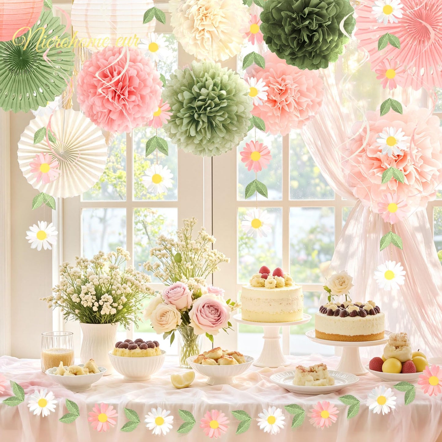 NICROHOME EUR Wedding Decorations, 20 PCS Sage Green and Pink Tissue Pom Poms Paper Lanterns Paper Fans 3D Flower Garlands for Bridal Shower Baby Shower Women Girls Birthday Garden Party Decor