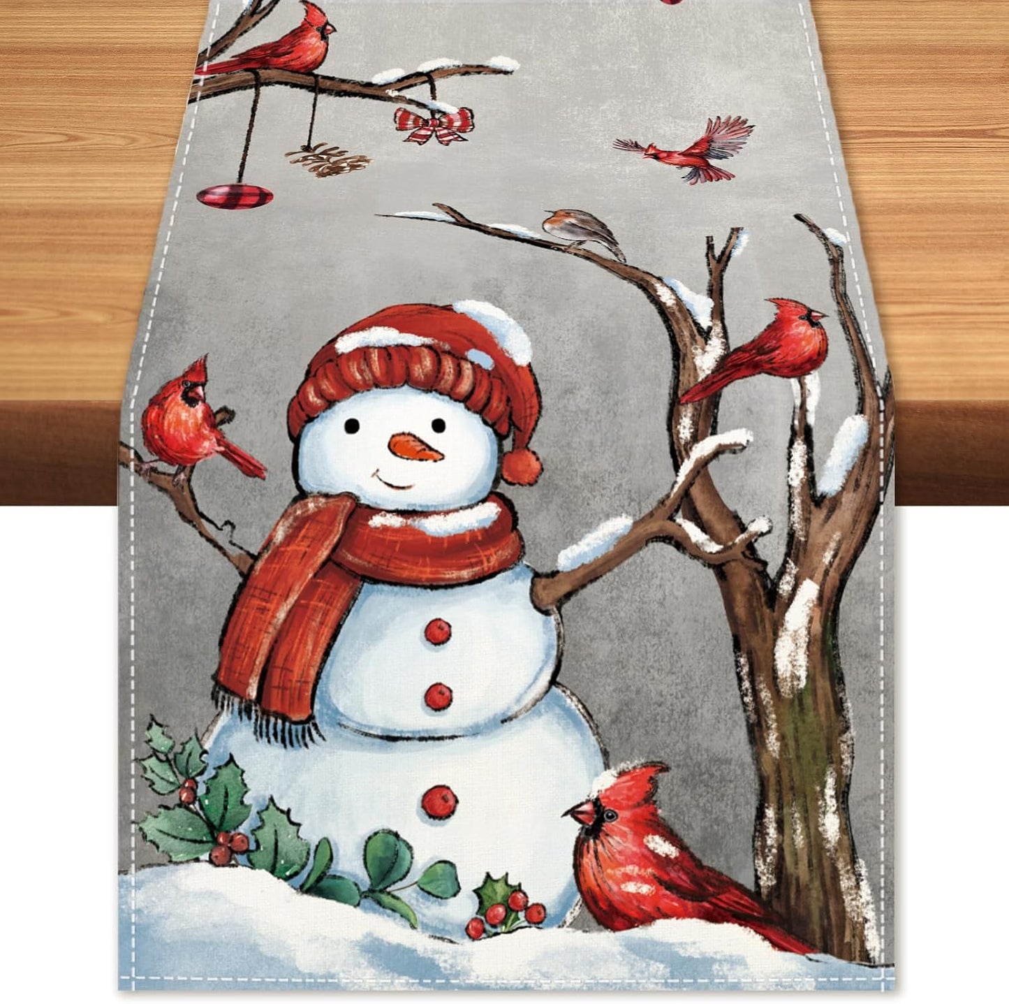 13x108 Inch Christmas Red Bird Branch Table Runner Snowman Cardinal Burlap Table Runners, Winter Xmas Seasonal Coffee