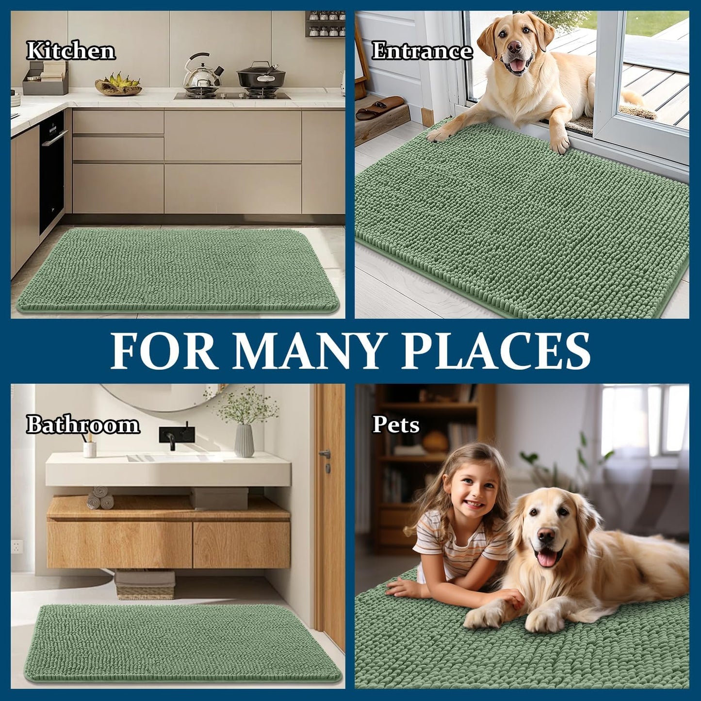 OLANLY Dog Door Mat - Absorbent Non-Slip Washable Doormat for Muddy Paws | 70x24, Olive Green