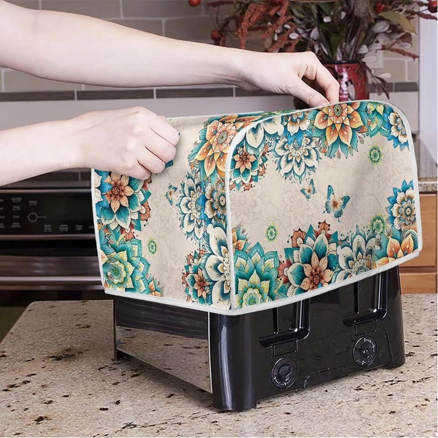 2 Slice Toaster Covers Boho Butterfly Print, Washable Kitchen Appliance Protector, Anti-Sputtering Cover