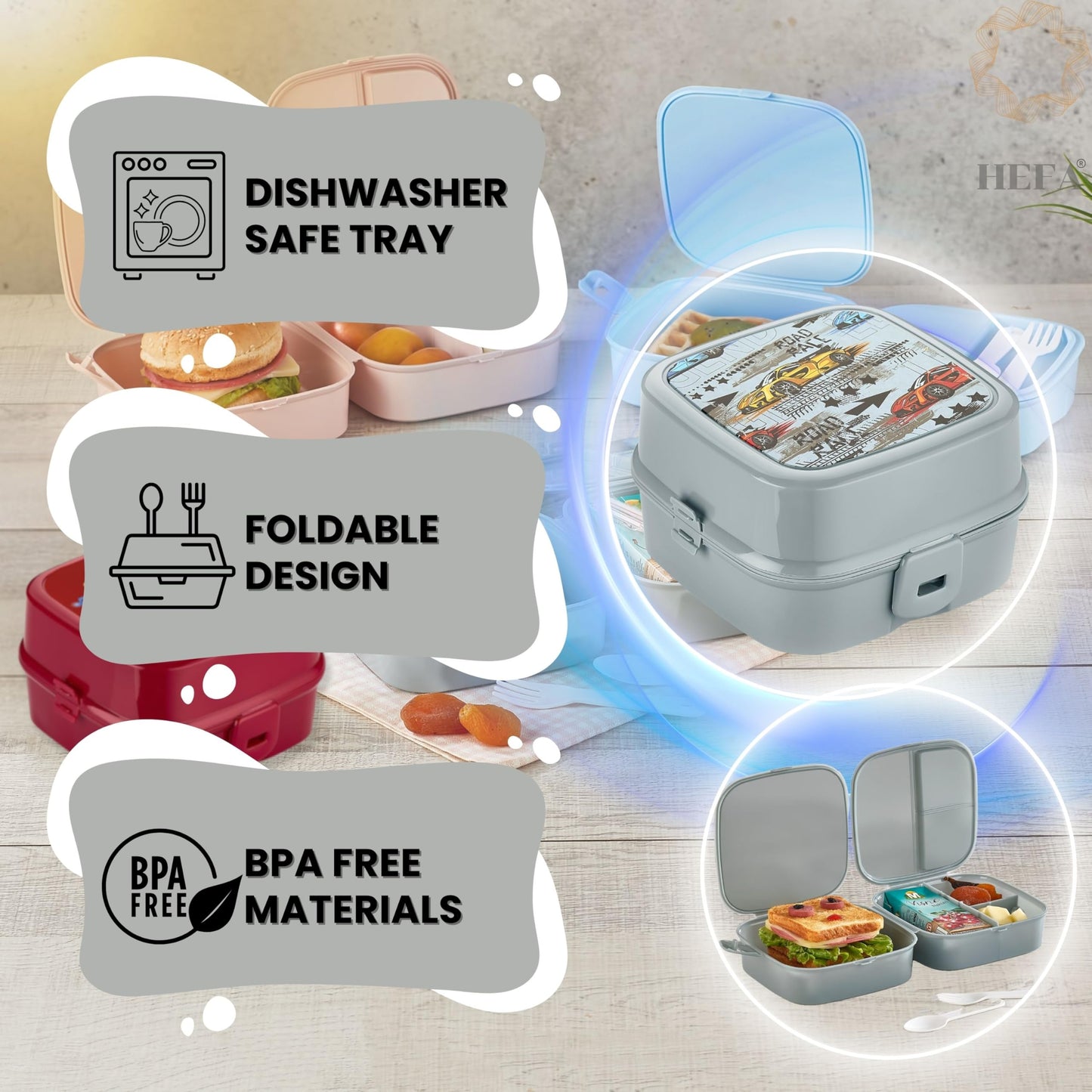 HEFA Lunch Box for Kids, All-in-One Foldable Lunch Box, Bento Box for Girls, Spoon and Fork included, Sandwich Containers