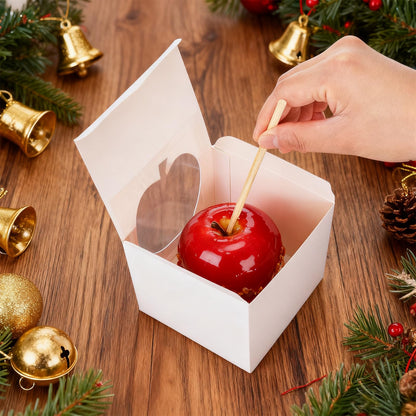 ZEAYEA 50 Pack 4"x 4"x 4" Candy Apple Boxes with Window and Sticks, Food Grade Caramel Apple Gift Boxes with Hole, Carboard Treat Favor Packaging for Halloween, Thanksgiving, Wedding, Party