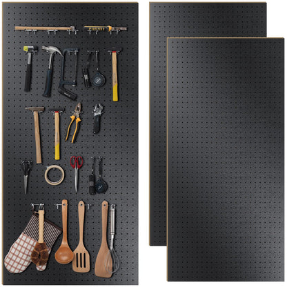 2 Pcs Wood Pegboard High Density Fiberboard 24 x 48 Inches Wall Mount Display Black Pegboard with Mounting Hardware Round Hole Peg Boards for Walls, Garage Craft Room Workshop Organizers and Storage