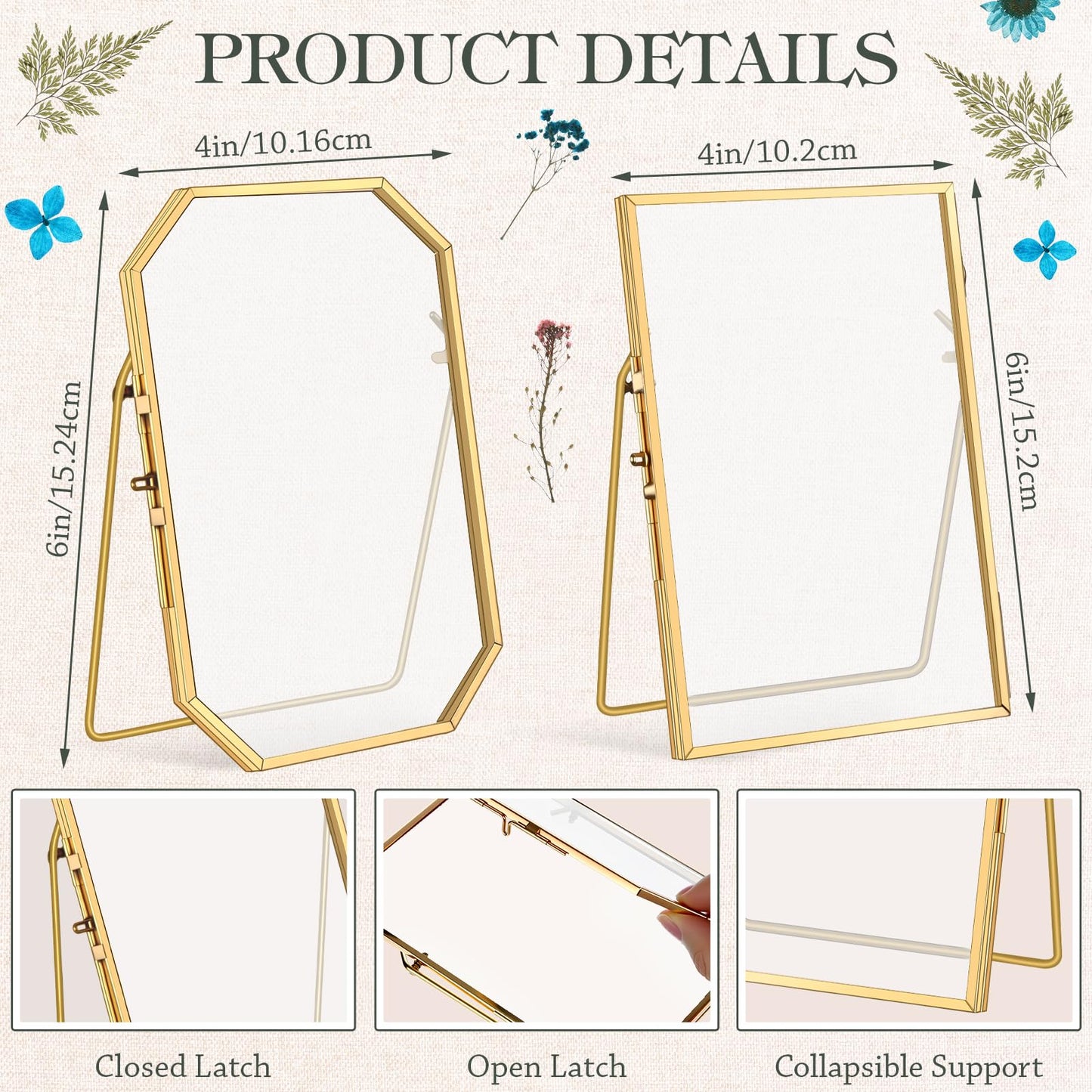 Amyhill 2 Pcs Glass Pressed Flower Frame with Dried Pressed Flowers, Brass Double Glass Photo Frame Includes 72 Pcs Real Dried Flowers, 65 Piece Butterfly Stickers and Tweezer for Handicrafts