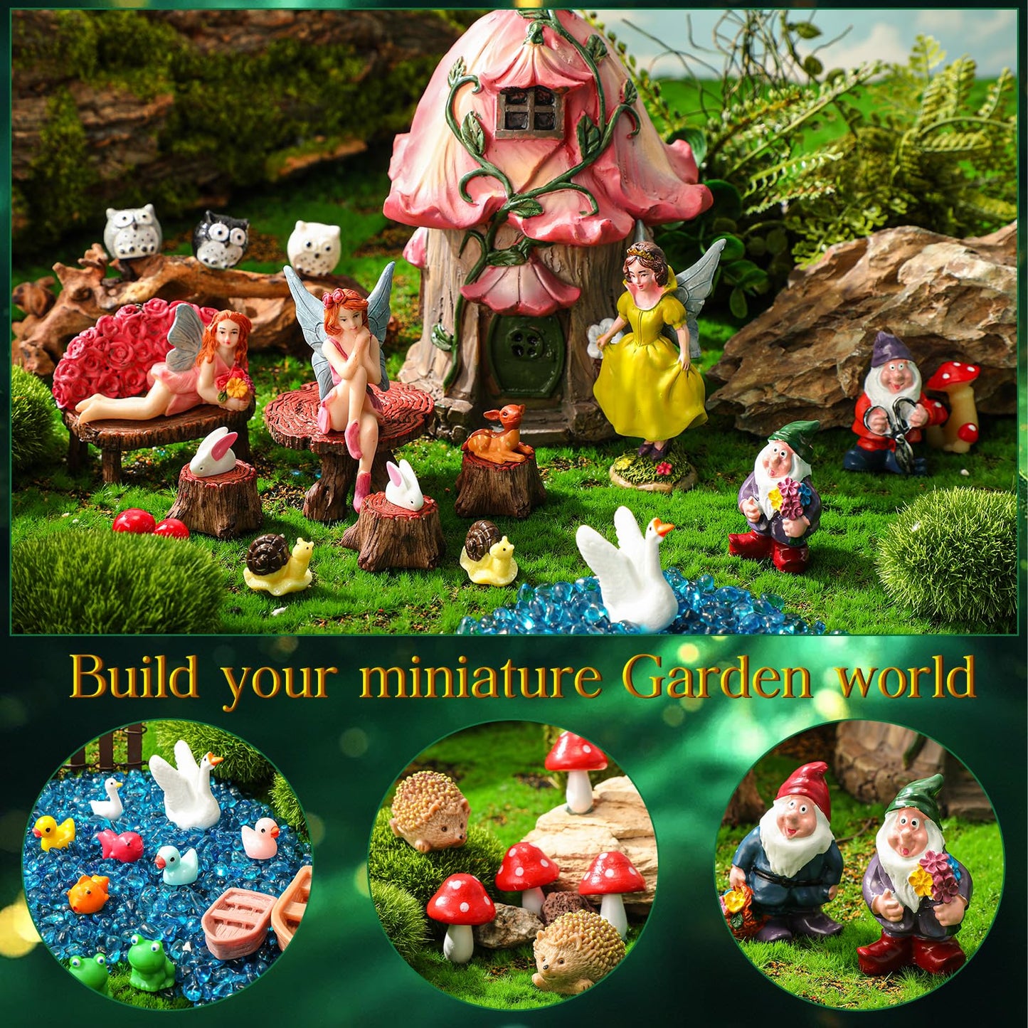 HyDren 100 Pcs Fairy House Garden Figurines Kit 8'' Solar Miniatures Light up 6.6" Fairy House Gnome Animals Doll Outdoor Resin Statues Micro Landscape Ornaments DIY Garden Decor