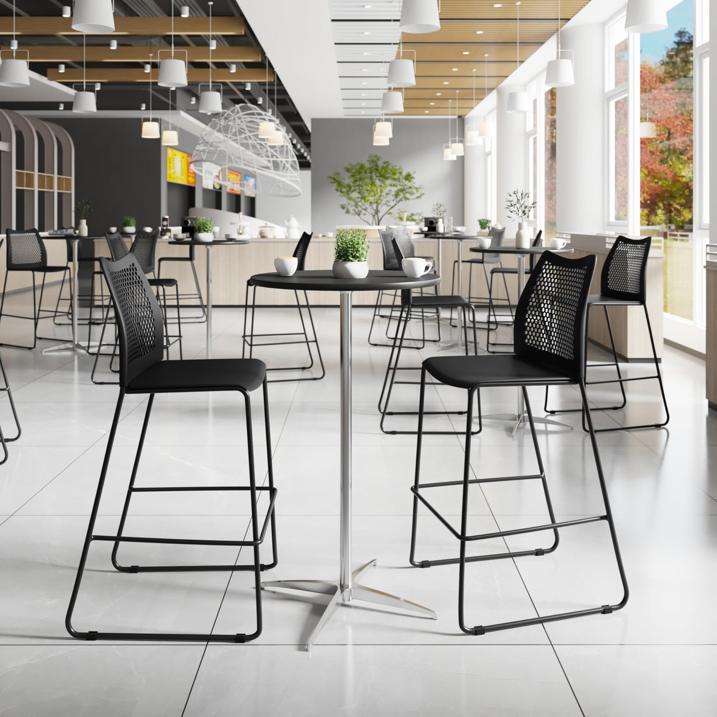 Flash Furniture Hercules Stacking Bar Height Stool with Vented Backrest and Black Powder Coated Steel Sled Base with Integrated Footrest, Commercial Portable Stool, Set of 3, Black