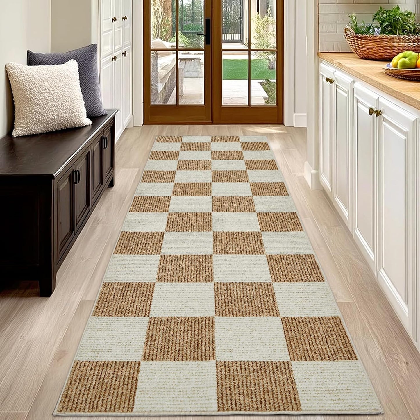 EcoNest 2x3 Washable Door Mat Indoor Entrance Checkered Rug, Beige and White Area Rug,Low Pile Lightweight Indoor