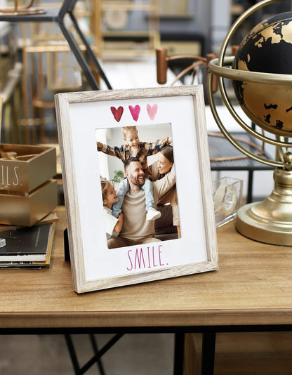 Rae Dunn 5 x 7 Inch Picture Frame Wood - Farmhouse Photo Frame for Wall Hanging or Desk / Tabletop Display - Rustic Frames for Family Photos, Couples, Kids, Pets - Home and Office Décor, "Smile"