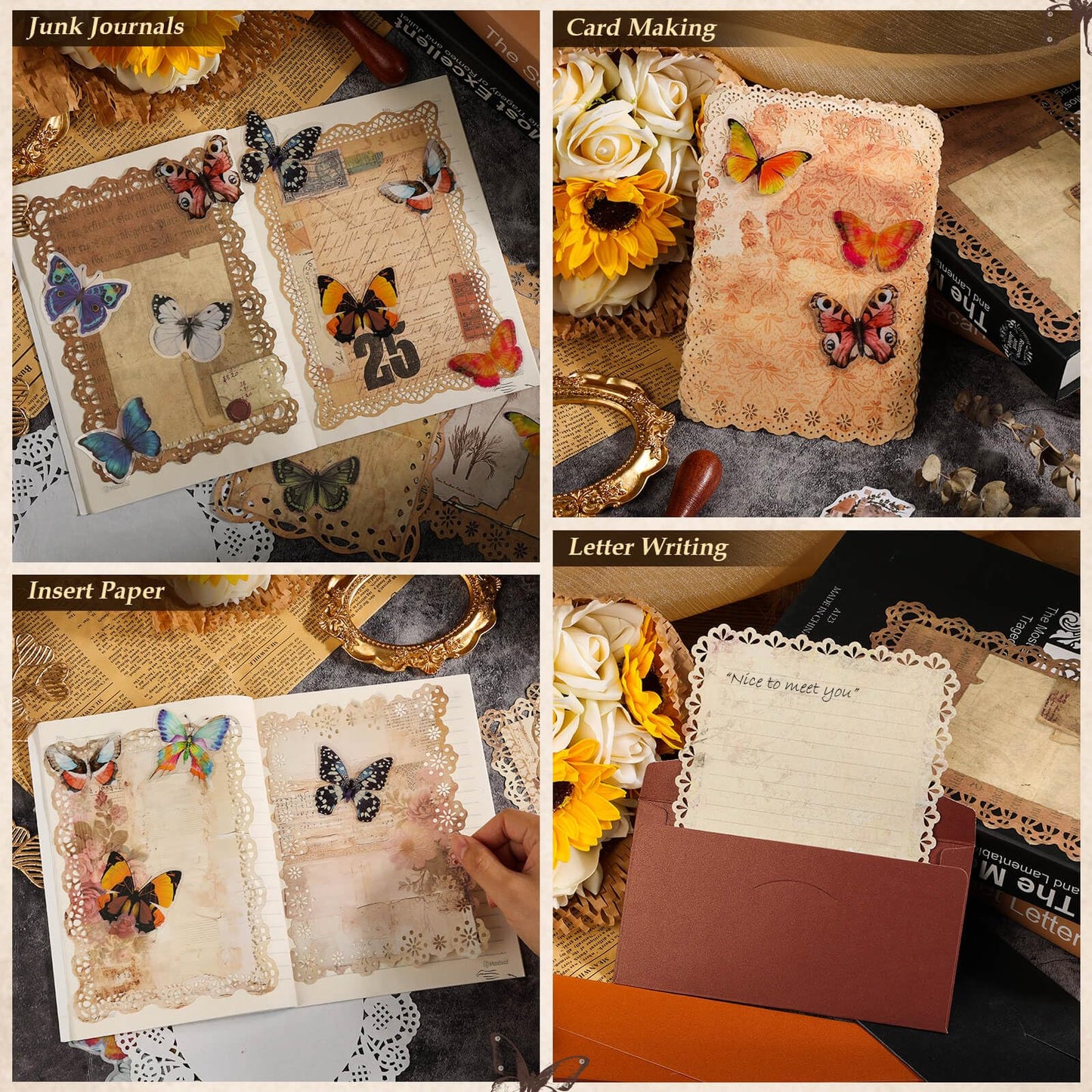Flasoo Vintage Scrapbook Supplies, 80 Sheets Lace Edged Scrapbook Stationery Paper with Double Sided Tape Roller for Junk Journal Making, Decoupage and Card Crafts, 4.9x6.9 Inches