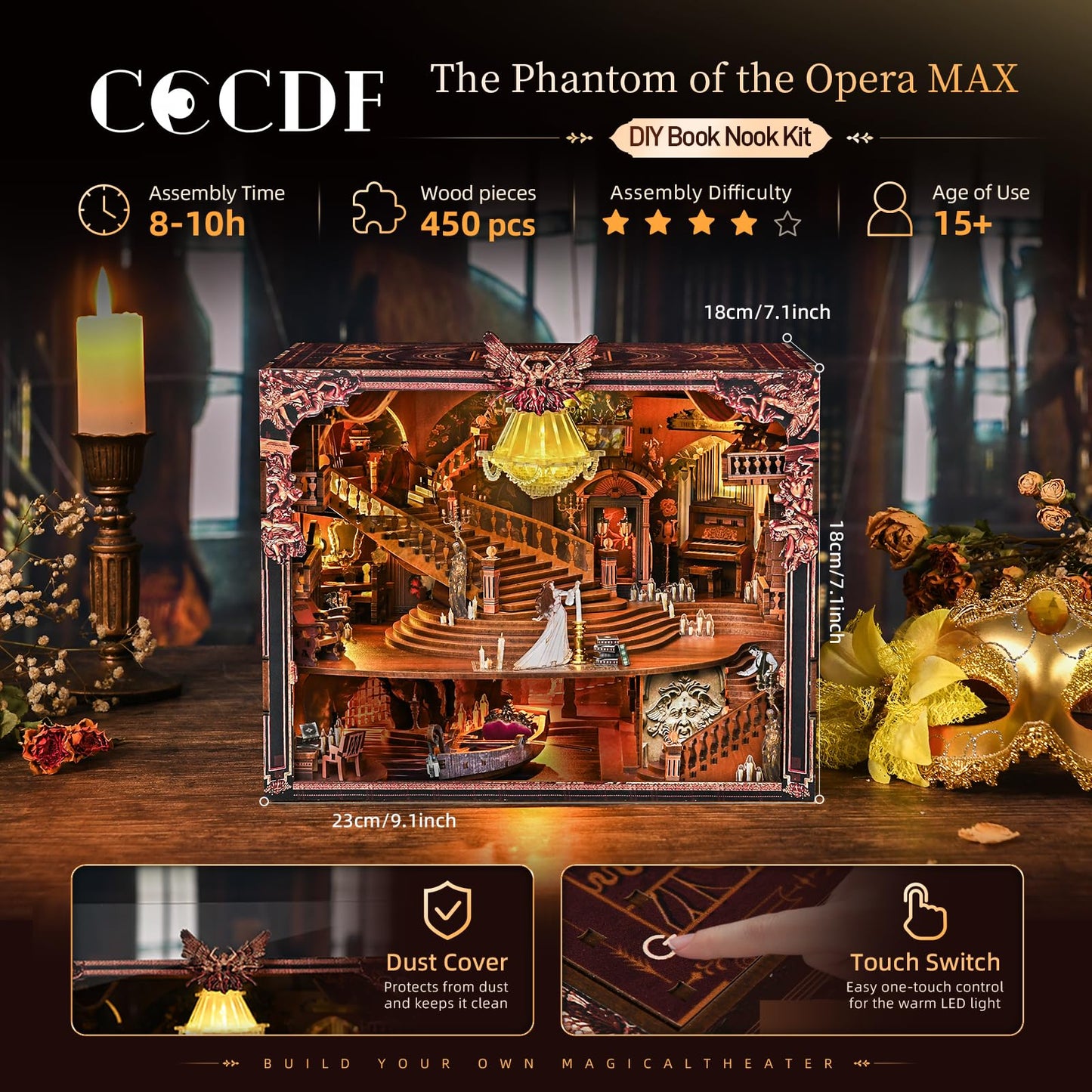CCCDF Book Nook Kits for Adults, DIY Miniature House Kit with Dust Cover & 3-Level Dimmable LED Lights, 3D Wooden Puzzle for Collectible Home Decor Gift (Phantom of The Opera Max)